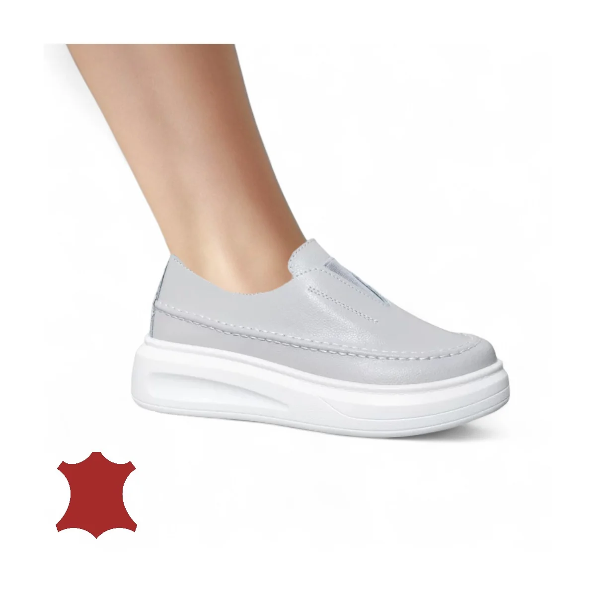 Chaussures casual femme en cuir naturel gris avec fermeture slip-on et bout rond T6060