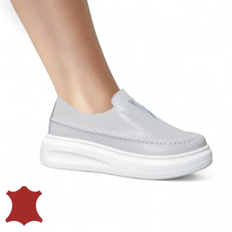 Chaussures casual femme en cuir naturel gris avec fermeture slip-on et bout rond T6060