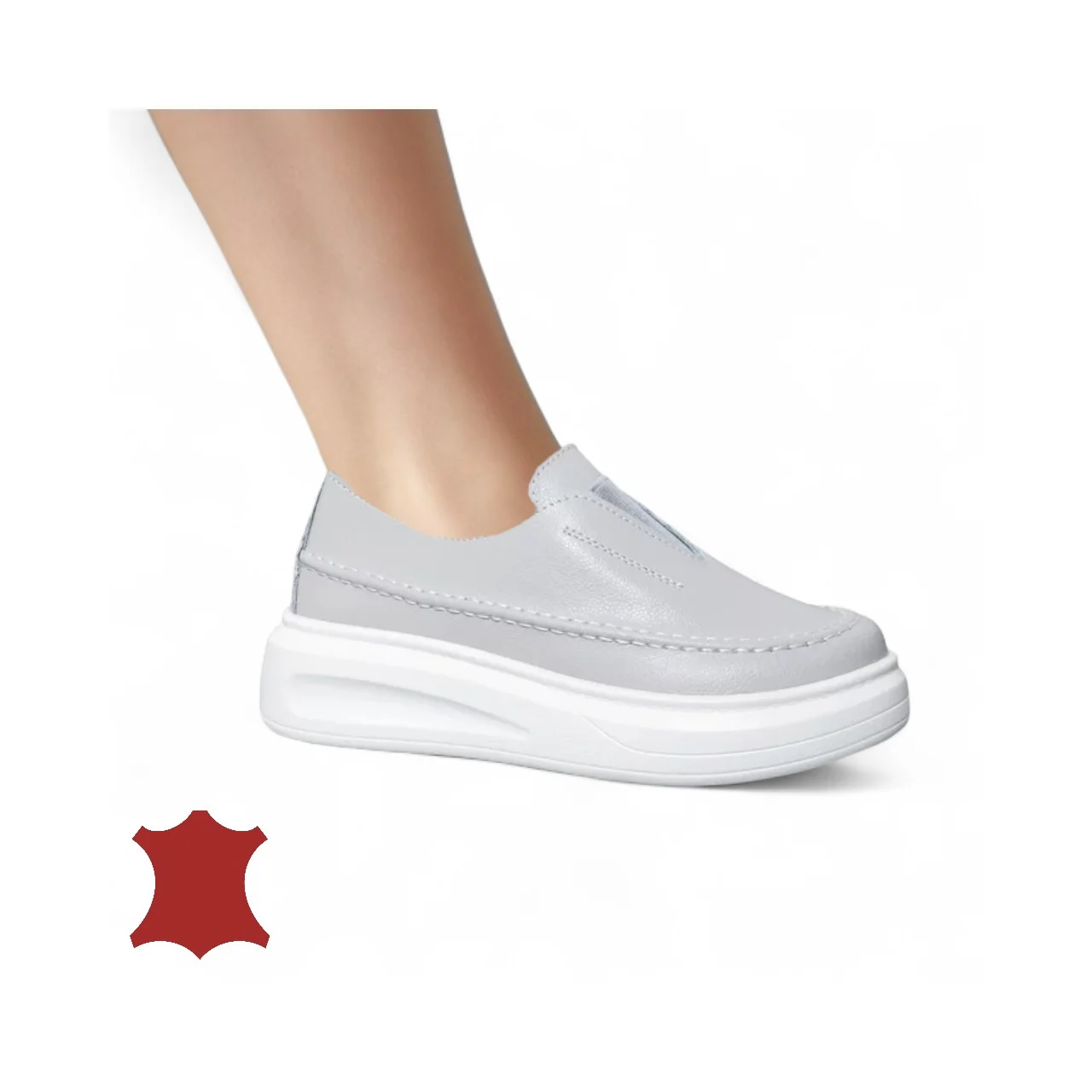 Chaussures casual femme en cuir naturel gris avec fermeture slip-on et bout rond T6060