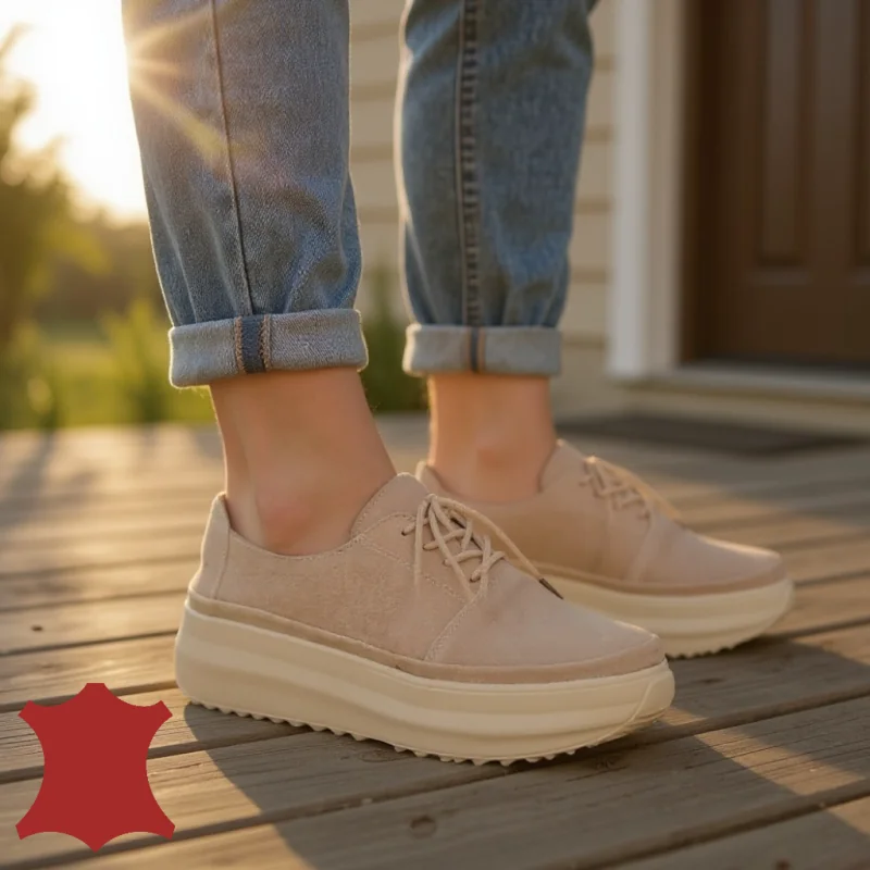 Scarpe casual da donna in pelle scamosciata beige con suola spessa T6055