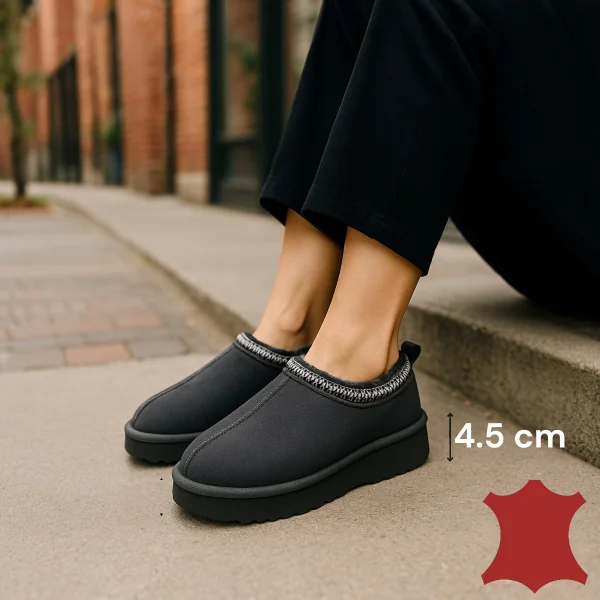 Damskie futrzane chodaki typu UGG ze skóry naturalnej w kolorze ciemnoszarym