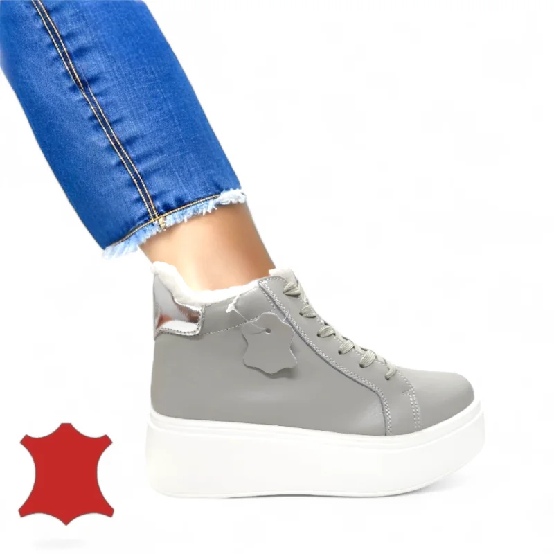 online winkel voor damesschoenen van echt leerLaarzen met bontvoering, natuurlijk leer, grijs met hoge zool T7020