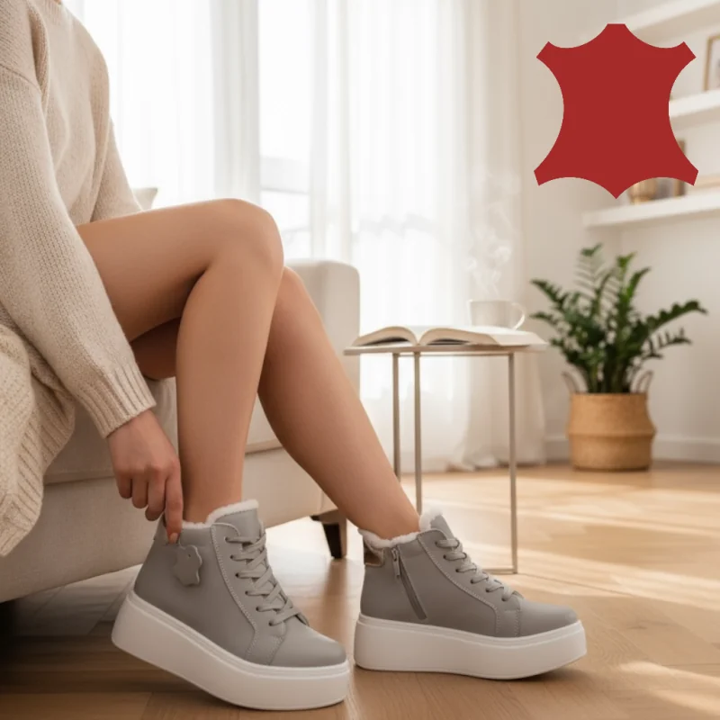 online winkel voor damesschoenen van echt leerLaarzen met bontvoering, natuurlijk leer, grijs met hoge zool T7020