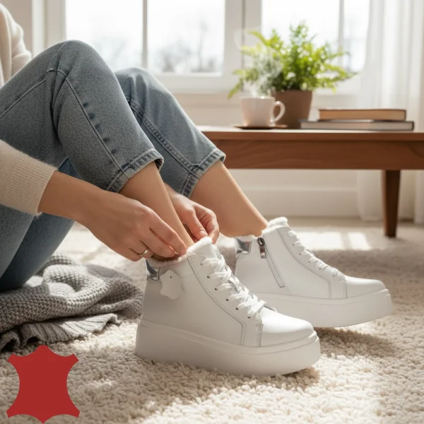 Buty codzienne z futra, skóra naturalna, białe, z grubą podeszwą T7020