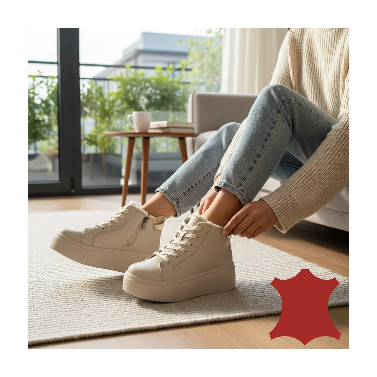 online winkel voor damesschoenen van echt leerBeige natuurlijk leren laarzen met bontvoering en hoge zool T7020