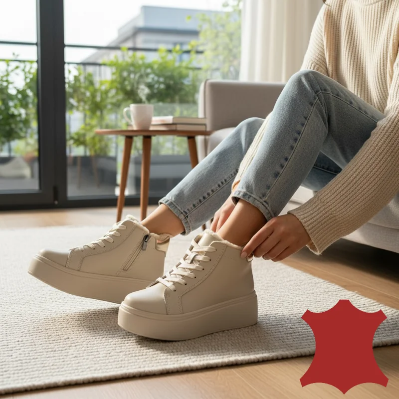 Beżowe, futrzane buty casualowe ze skóry naturalnej z grubą podeszwą T7020