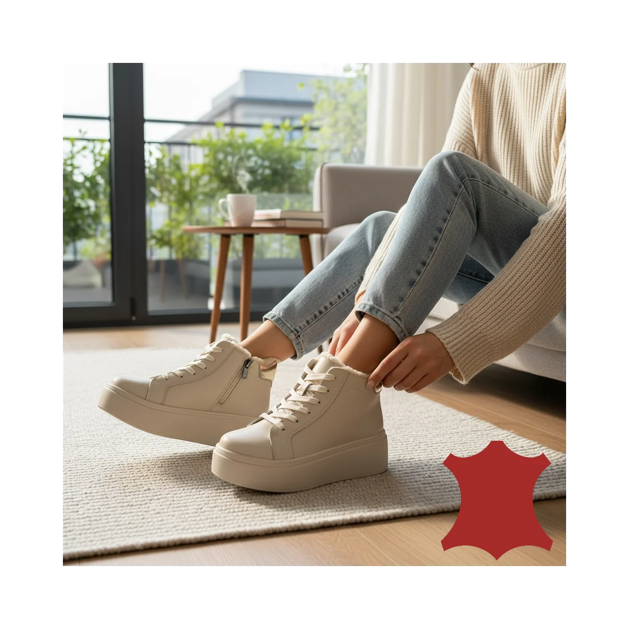 online winkel voor damesschoenen van echt leerBeige natuurlijk leren laarzen met bontvoering en hoge zool T7020