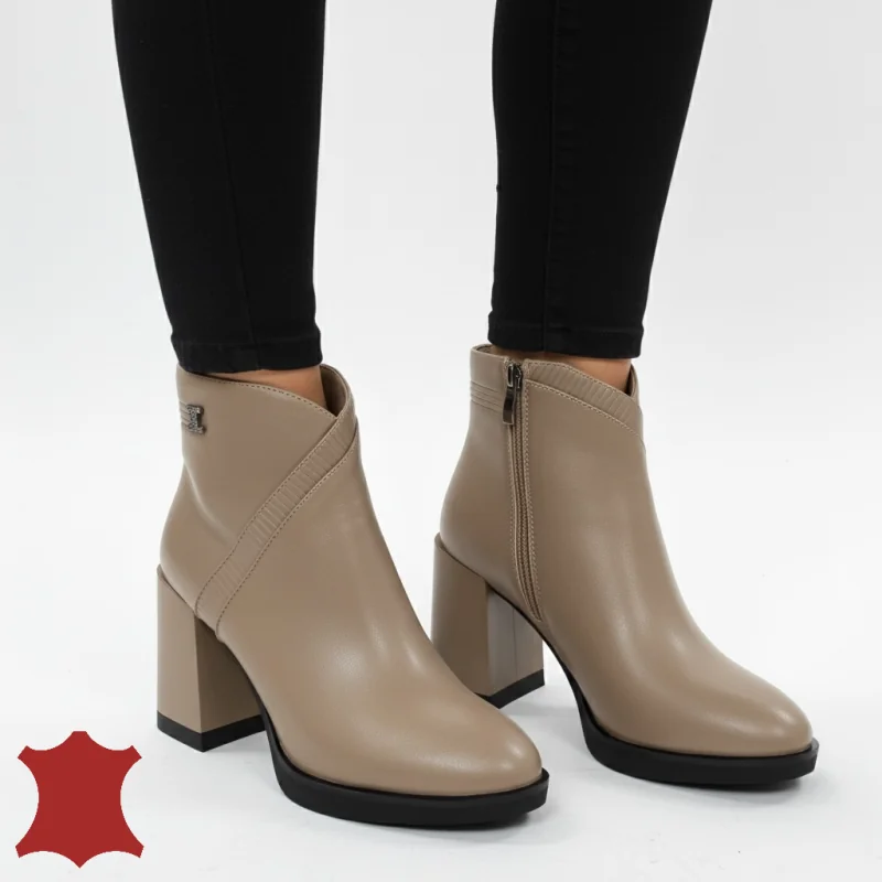 Kurze Damenstiefeletten in Khaki, Naturleder mit dickem Absatz, Premiumqualität SN5003-1