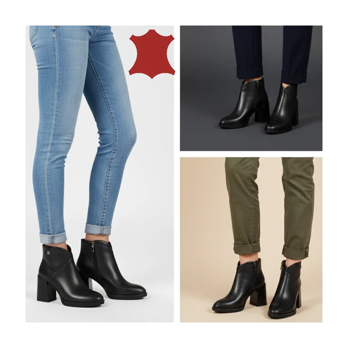 Bottines courtes noires pour femme, cuir naturel à talon épais, fabrication artisanale SN5003