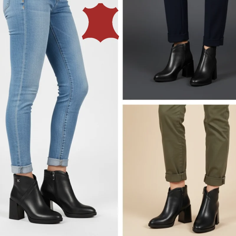 Bottines courtes noires pour femme, cuir naturel à talon épais, fabrication artisanale SN5003
