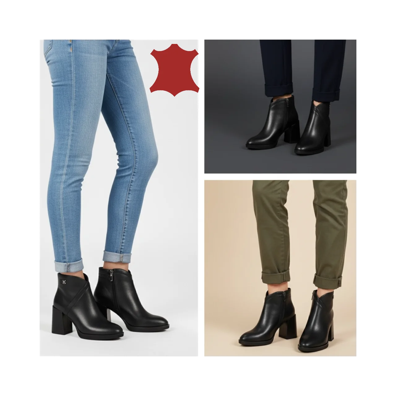 Bottines courtes noires pour femme, cuir naturel à talon épais, fabrication artisanale SN5003