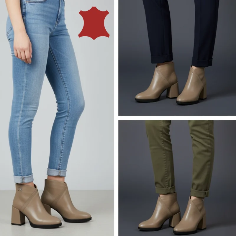 Kurze Damenstiefeletten in Khaki, Naturleder mit dickem Absatz, Premiumqualität SN5003-1