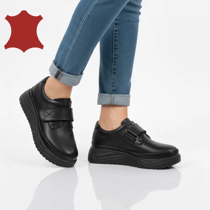 Superpiele - Magazin Online de Încăltăminte-Genti din Piele NaturalăPantofi casual dama piele naturala negri cu talpa groasă T6086