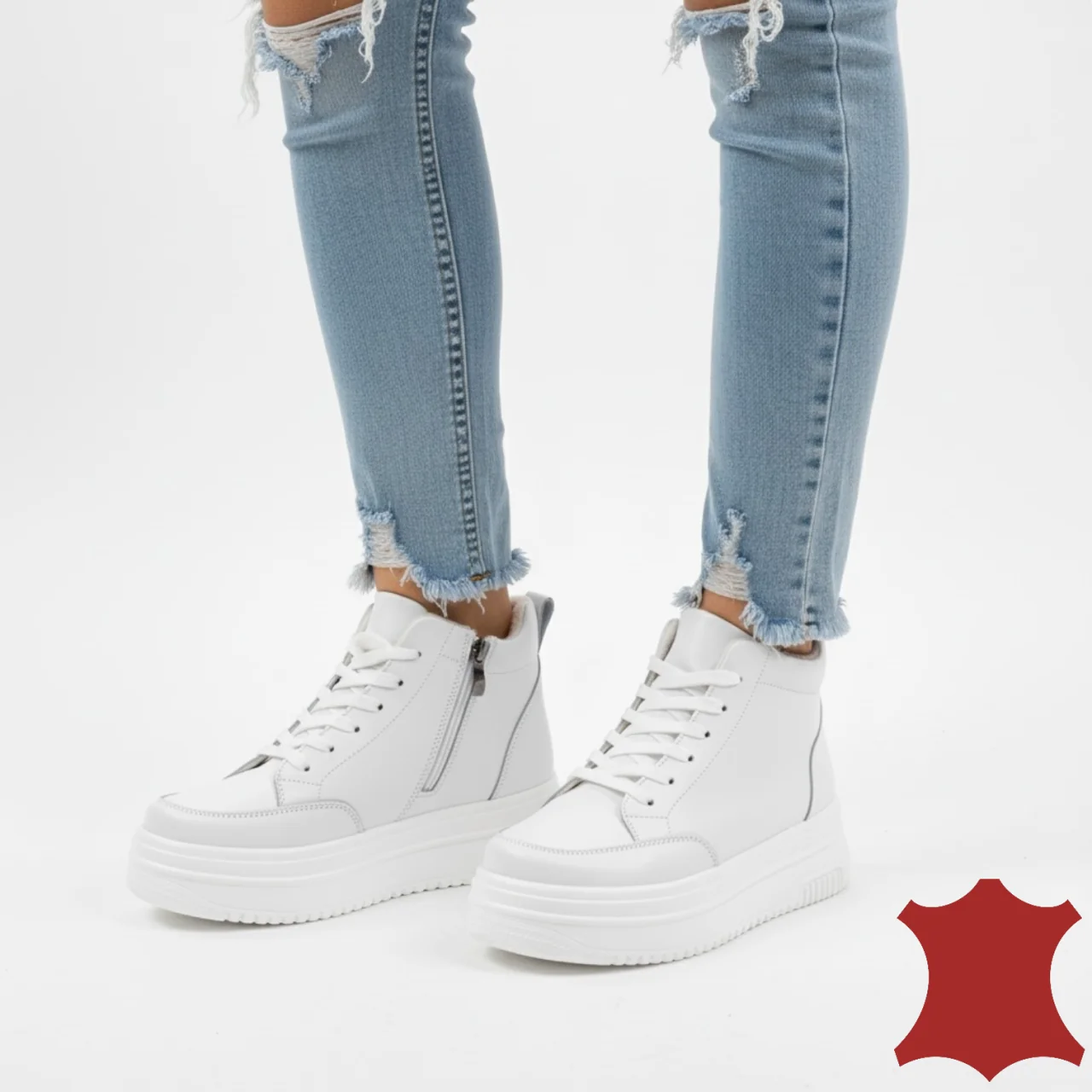 Tienda online de zapatos de piel auténtica para mujer.Botas cortas blancas para mujer, piel natural, con suela gruesa T7026