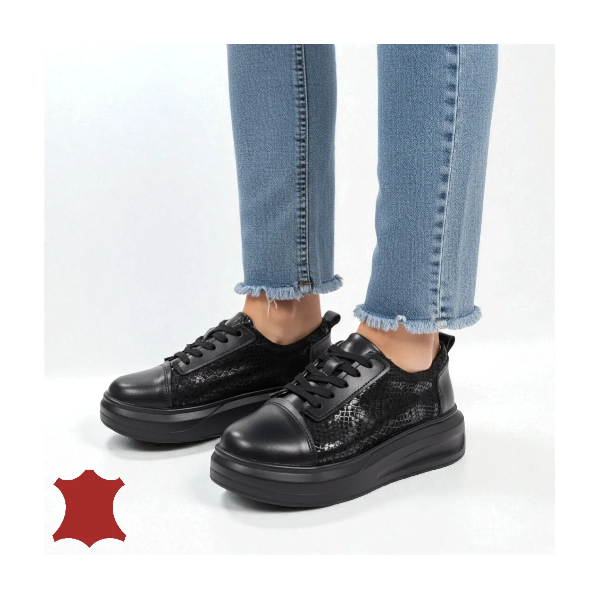 Schwarze Damen-Freizeitschuhe aus echtem Leder mit glänzendem Finish T7019