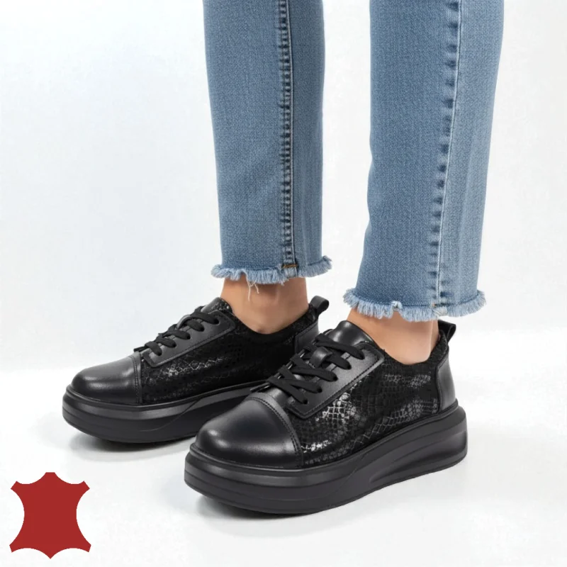 Schwarze Damen-Freizeitschuhe aus echtem Leder mit glänzendem Finish T7019