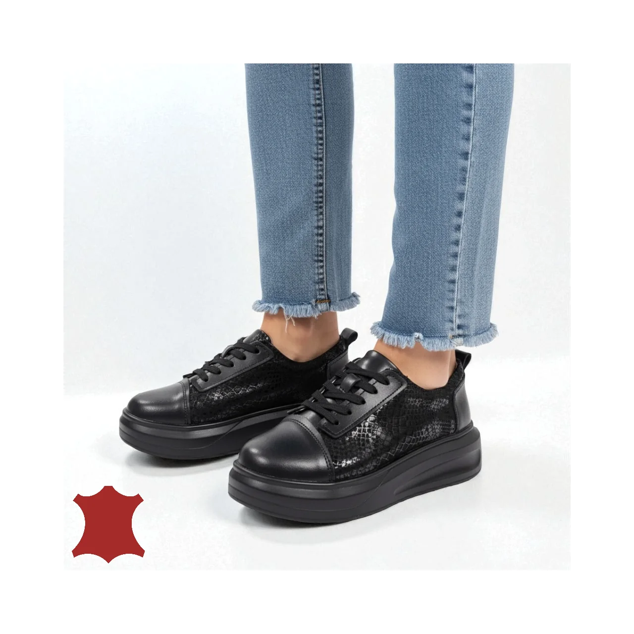 Schwarze Damen-Freizeitschuhe aus echtem Leder mit glänzendem Finish T7019