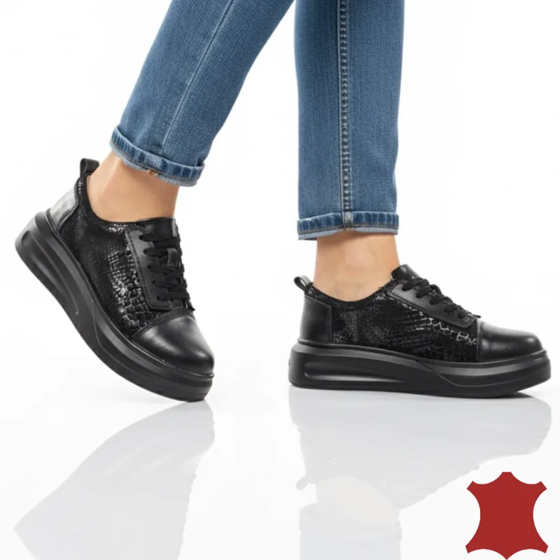 Schwarze Damen-Freizeitschuhe aus echtem Leder mit glänzendem Finish T7019