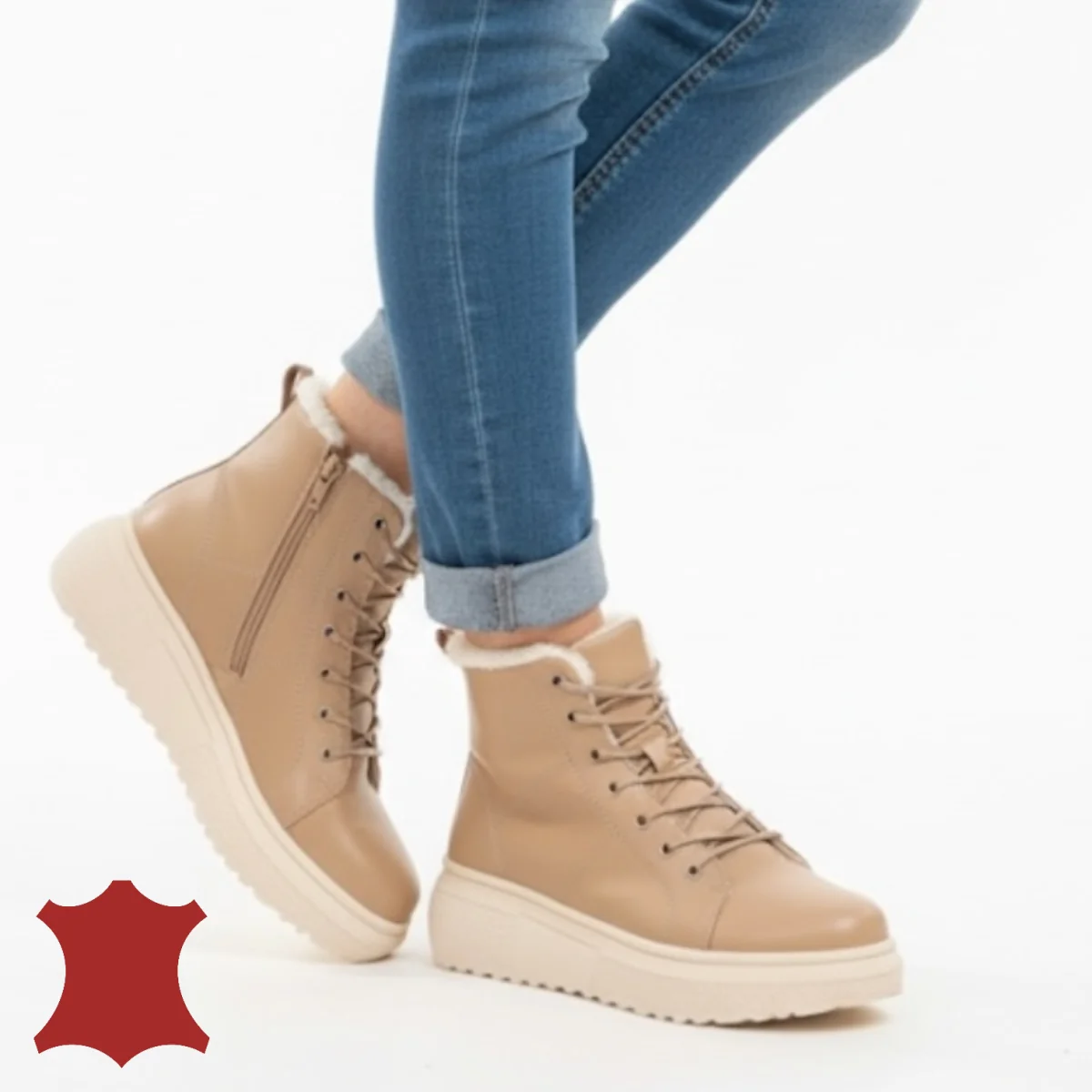 Tienda online de zapatos de piel auténtica para mujer.Botas caqui para mujer de piel auténtica, forradas con pelo F002-409