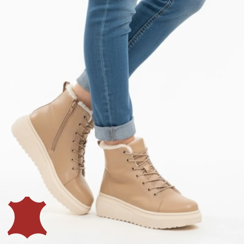 Tienda online de zapatos de piel auténtica para mujer.Botas caqui para mujer de piel auténtica, forradas con pelo F002-409