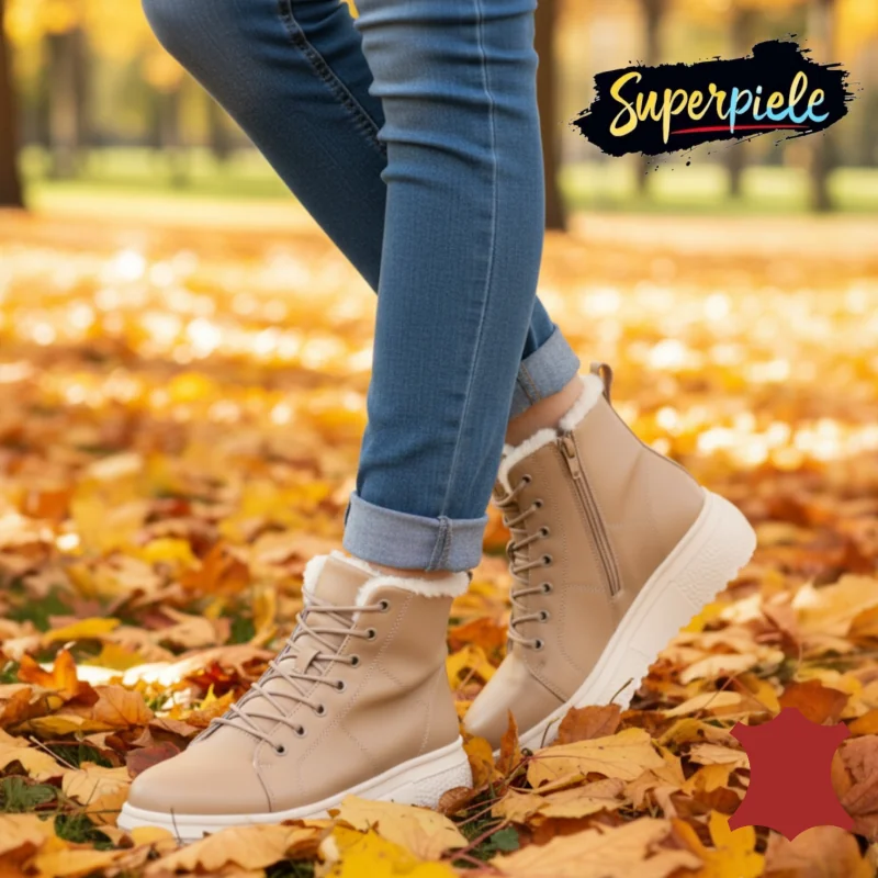 Tienda online de zapatos de piel auténtica para mujer.Botas caqui para mujer de piel auténtica, forradas con pelo F002-409