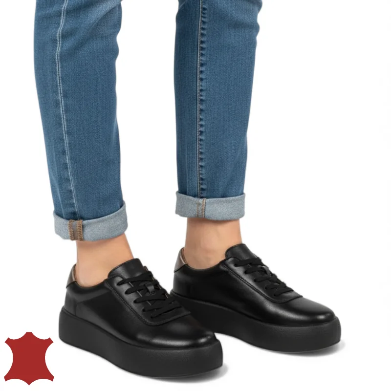 Superpiele - Magazin Online de Încăltăminte-Genti din Piele NaturalăSneakers damă piele naturală negri talpa groasă F001-884