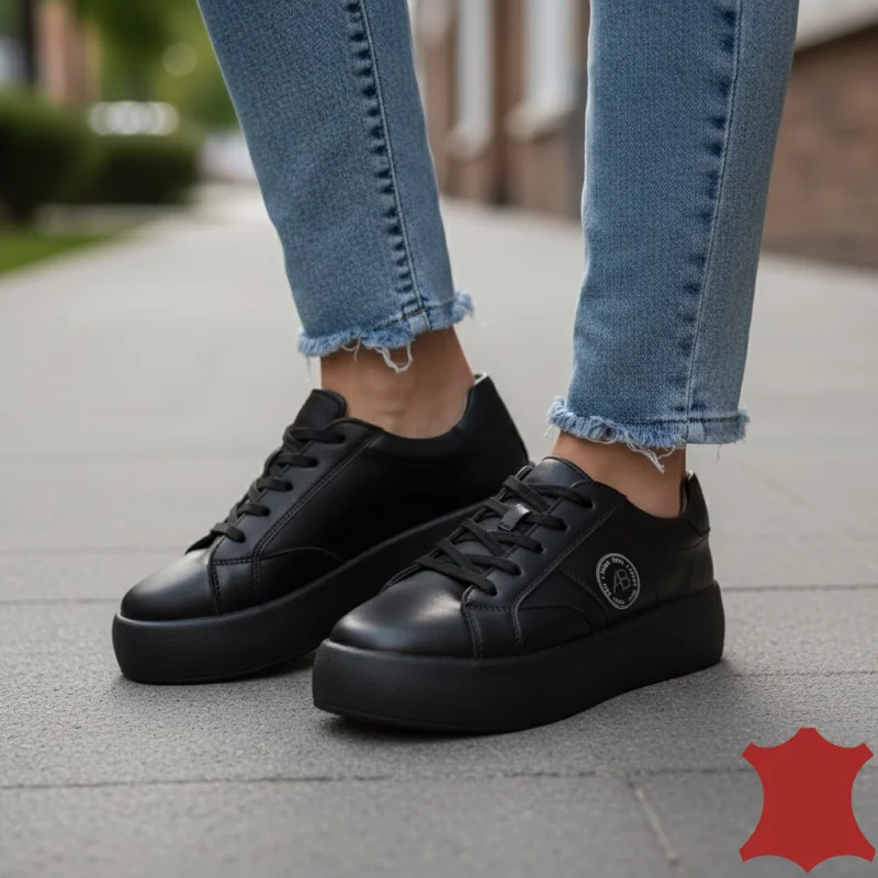 schwarze Sportschuhe aus echtem Leder mit Schnürsenkeln F001-879