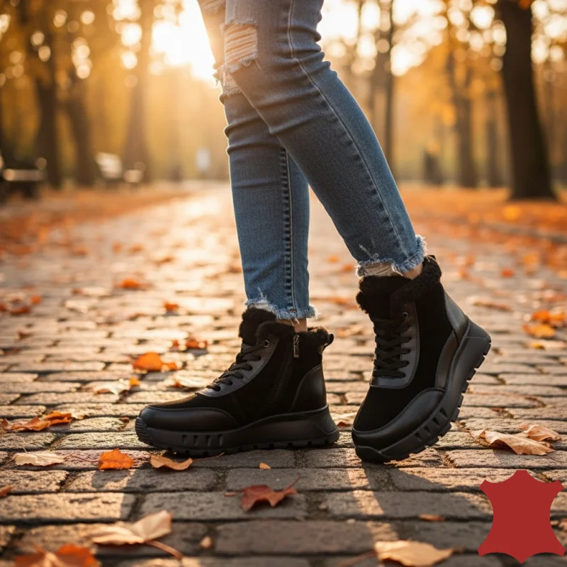 Superpiele - Magazin Online de Încăltăminte-Genti din Piele NaturalăGhete negre casual dama imblanite, piele naturală cu talpa groasă F001-878