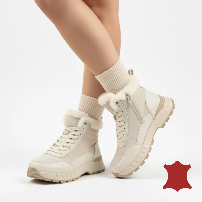 Superpiele - Magazin Online de Încăltăminte-Genti din Piele NaturalăGhete casual dama bej imblanite, piele naturală cu talpa groasă F001-878