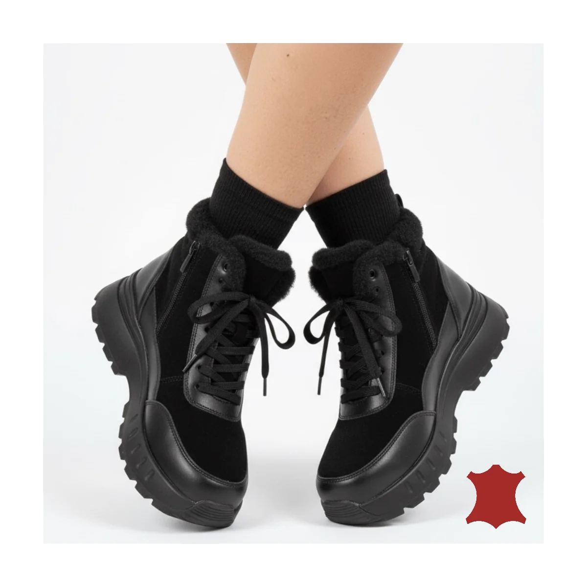 Superpiele - Magazin Online de Încăltăminte-Genti din Piele NaturalăGhete negre casual dama imblanite, piele naturală cu talpa groasă F001-878