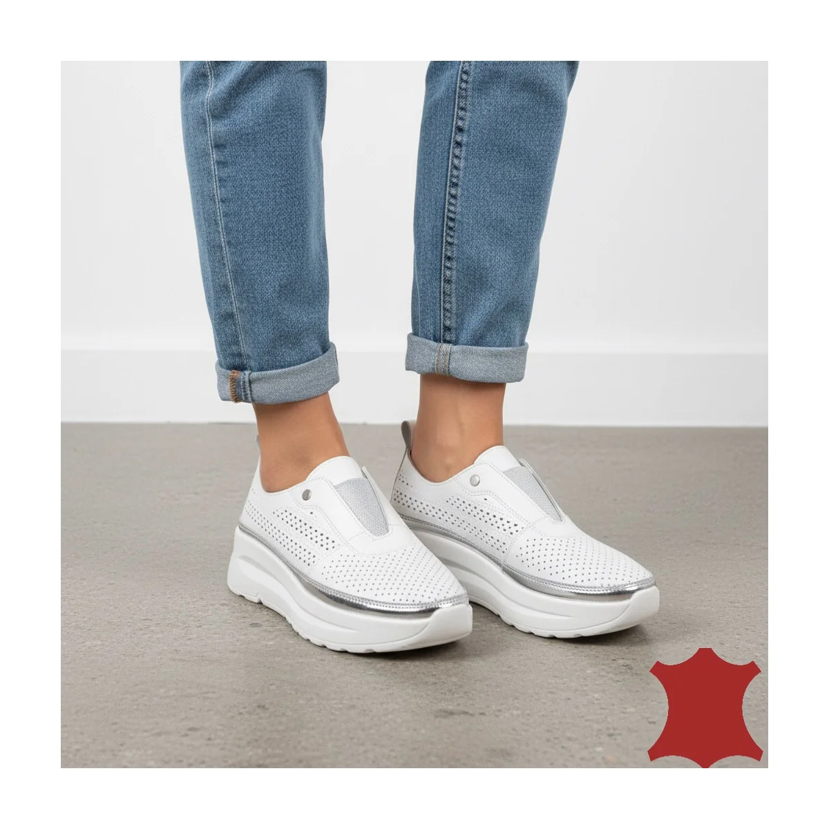 Baskets blanches à enfiler pour femme en cuir véritable – 22411-2