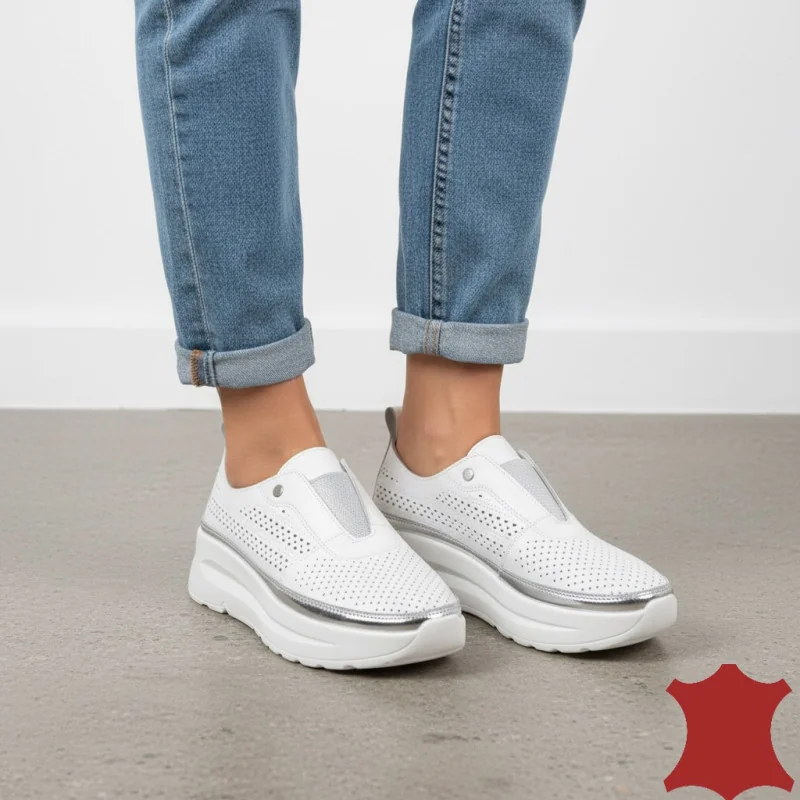Baskets blanches à enfiler pour femme en cuir véritable – 22411-2