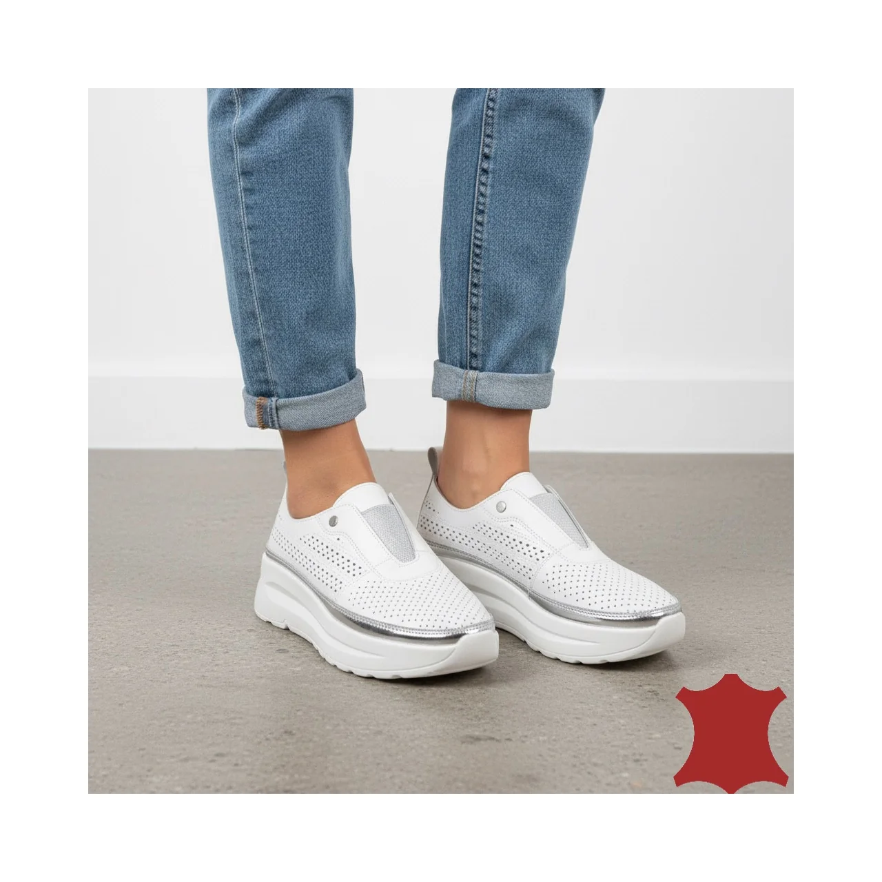 Baskets blanches à enfiler pour femme en cuir véritable – 22411-2