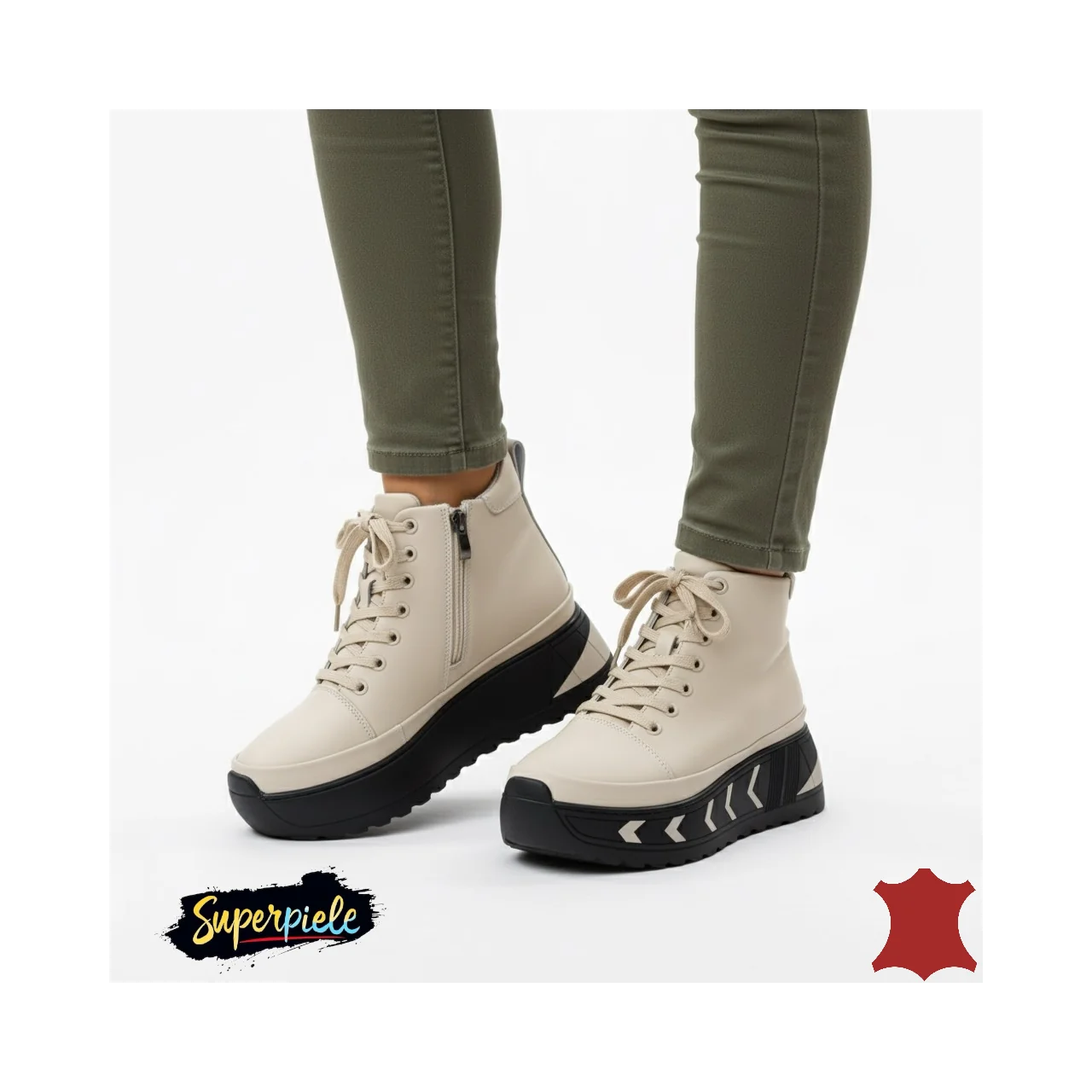 Beżowe buty sportowe z futerkiem, wykonane z naturalnej skóry, z grubą podeszwą, sznurowane i zapinane na zamek T6091