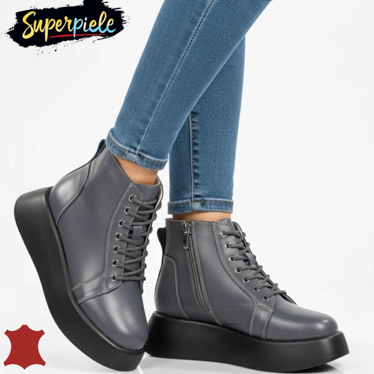 Stivali da donna, casual grigi, in pelle naturale con suola spessa |GUNDA|