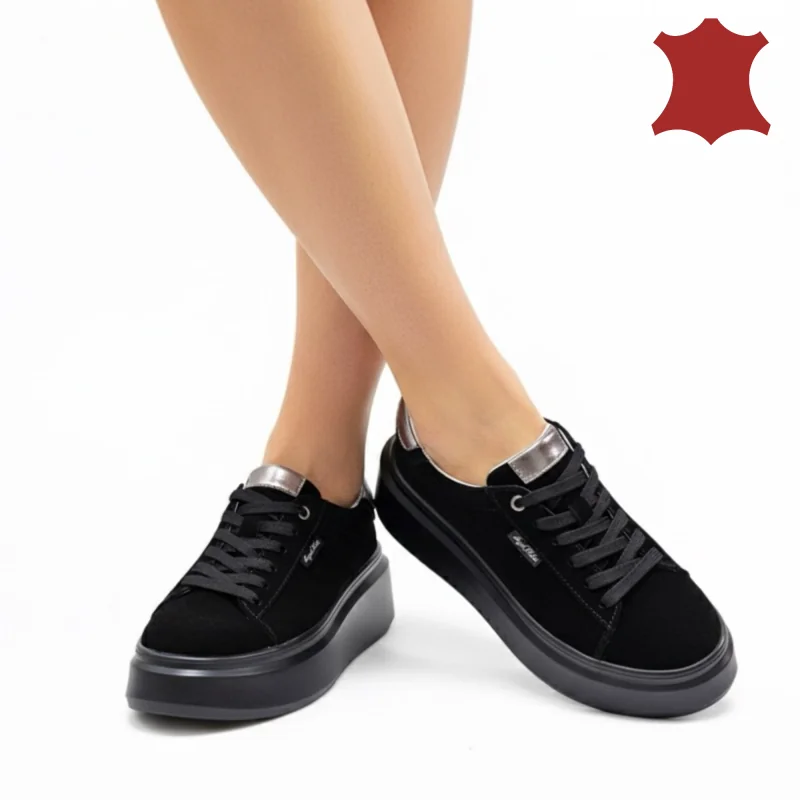 Chaussures casual femme en daim naturel noir avec bout rond F002-444