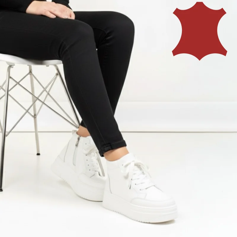 Tienda online de zapatos de piel auténtica para mujer.Botas cortas blancas para mujer, piel natural, con suela gruesa T7026