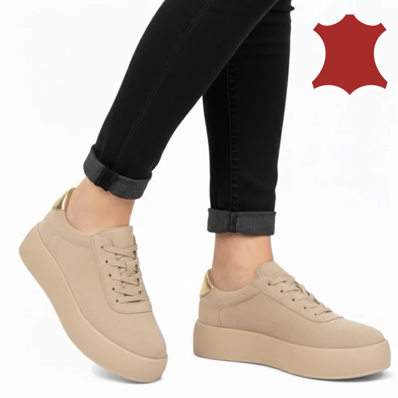 Superpiele - Magazin Online de Încăltăminte-Genti din Piele NaturalăSneakers damă bej piele întoarsă naturală talpa groasă F001-884