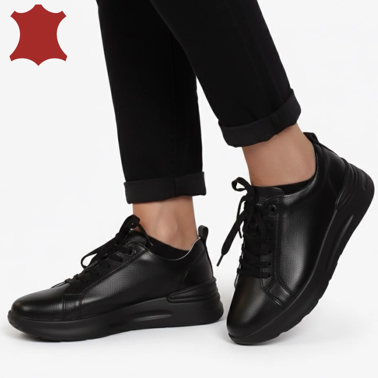 Schwarze Damen Freizeitschuhe aus echtem Leder |SAMA| mit Schnürung