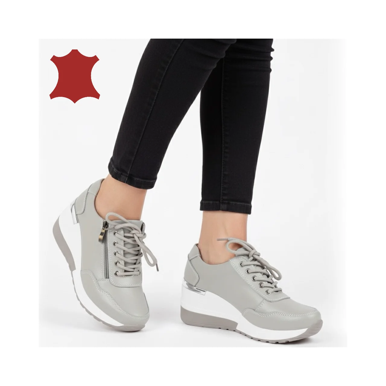 Sneakers da donna in vera pelle con plateau e cerniera lampo-|SCARPE|