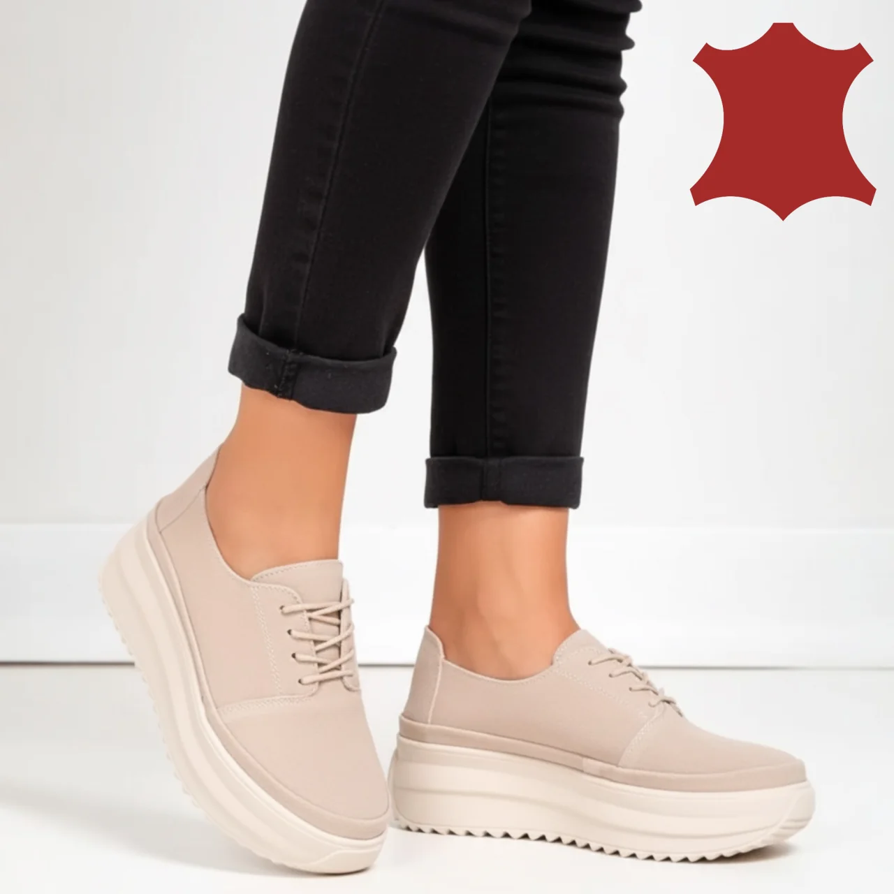 Scarpe casual da donna in pelle scamosciata beige con suola spessa T6055