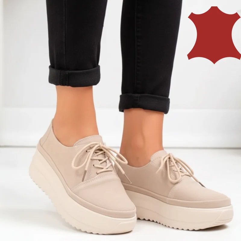 Scarpe casual da donna in pelle scamosciata beige con suola spessa T6055