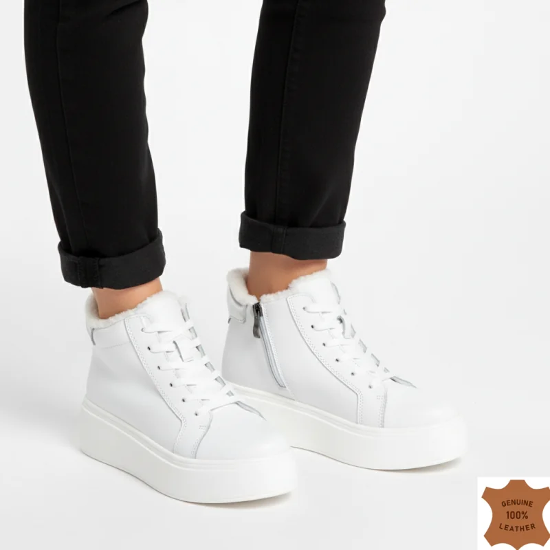 Buty codzienne z futra, skóra naturalna, białe, z grubą podeszwą T7020
