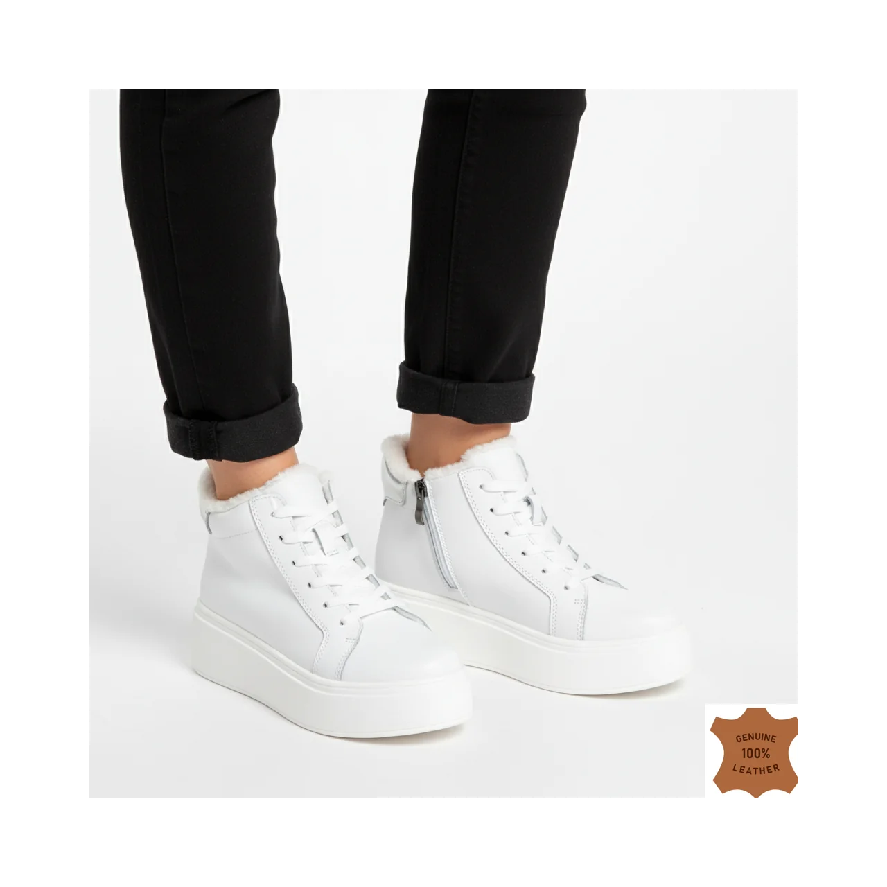 Buty codzienne z futra, skóra naturalna, białe, z grubą podeszwą T7020