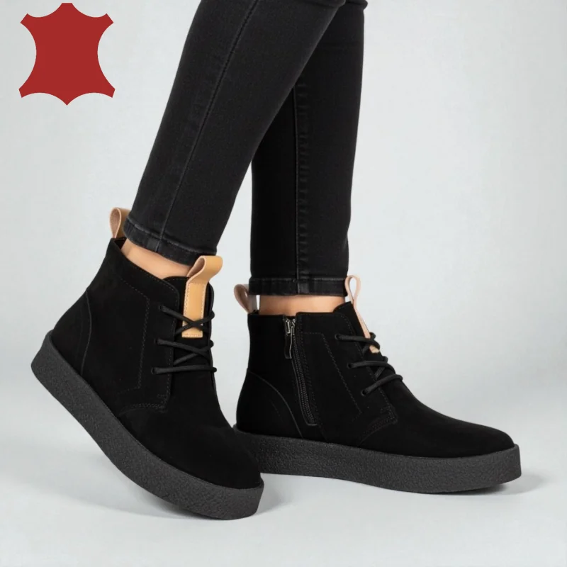 Damenstiefel, schwarzes Wildleder, Schnürung und Reißverschluss JY6651