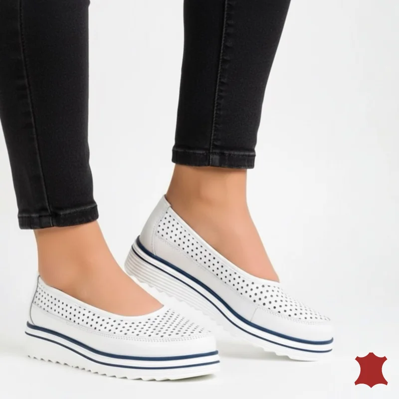Ballerines blanches perforées pour femmes en cuir naturel à semelles hautes |Sydra|