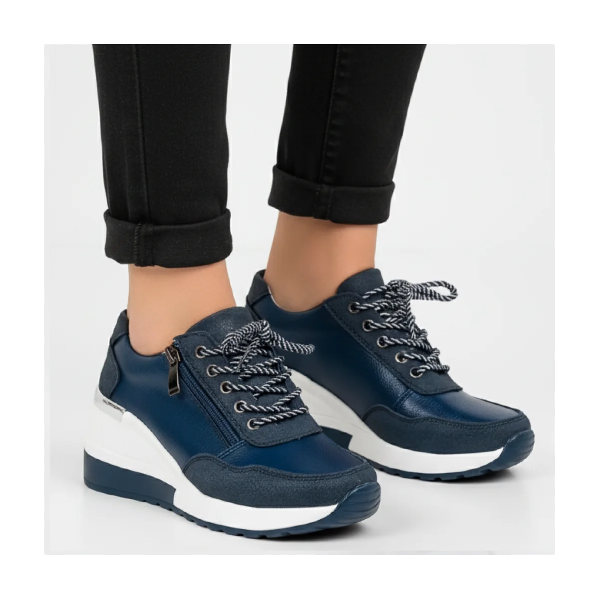 Marineblaue Damen-Sneaker aus echtem Leder mit Schnürplateau und Reißverschluss – |SCHUHE|