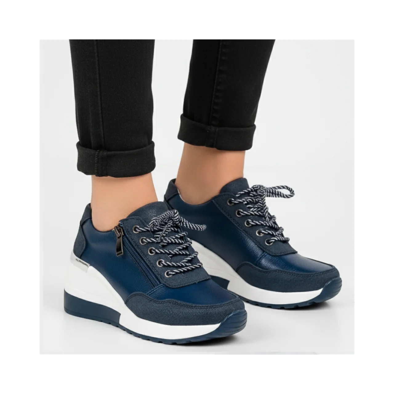 Marineblaue Damen-Sneaker aus echtem Leder mit Schnürplateau und Reißverschluss – |SCHUHE|