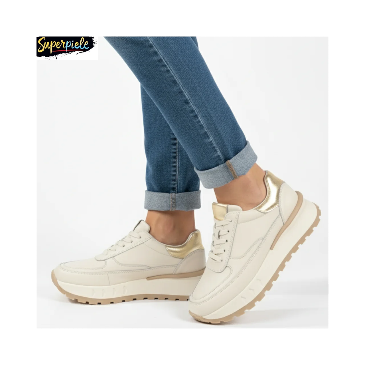 Superpiele - Magazin Online de Încăltăminte-Genti din Piele NaturalăPantofi casual damă bej cu auriu din piele naturală, cu talpă comodă groasă F001-892
