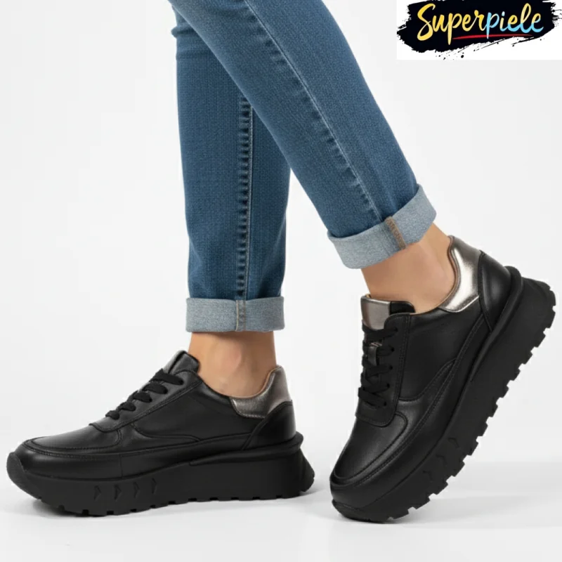 Superpiele - Magazin Online de Încăltăminte-Genti din Piele NaturalăPantofi casual damă negru cu gri din piele naturală, cu talpă comodă groasă F001-892